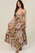 Open Tie Back Printed Maxi Dress