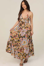 Open Tie Back Printed Maxi Dress