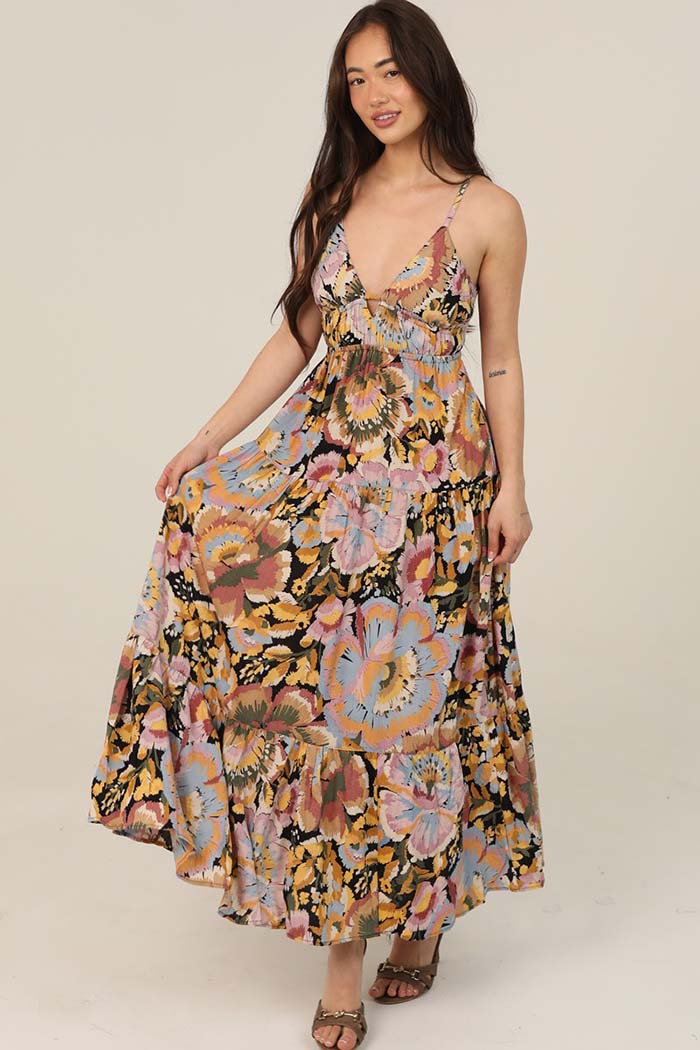 Open Tie Back Printed Maxi Dress