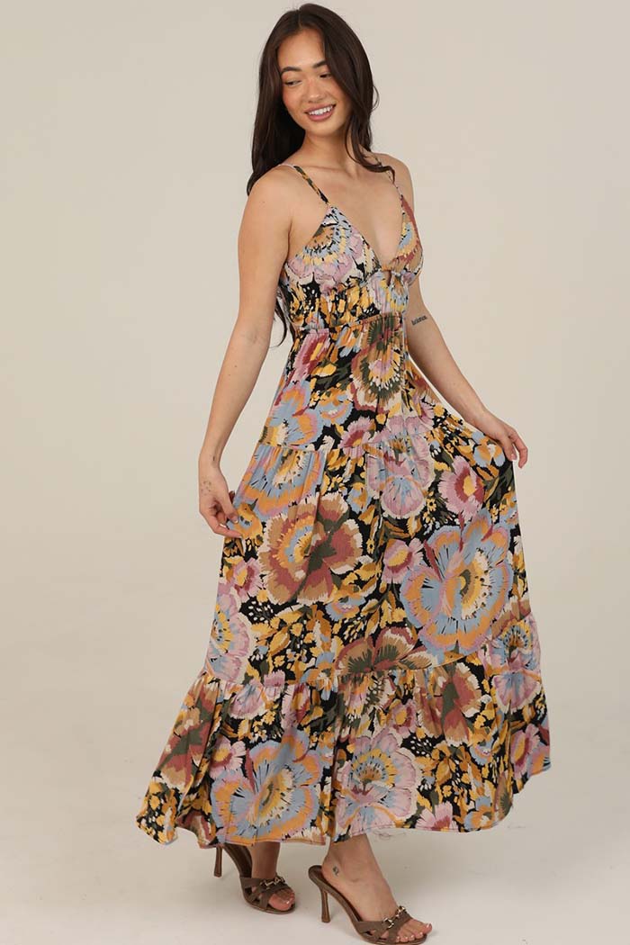 Open Tie Back Printed Maxi Dress