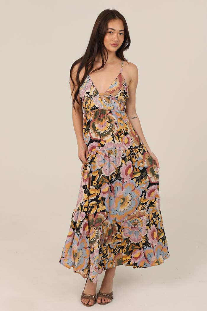 Open Tie Back Printed Maxi Dress