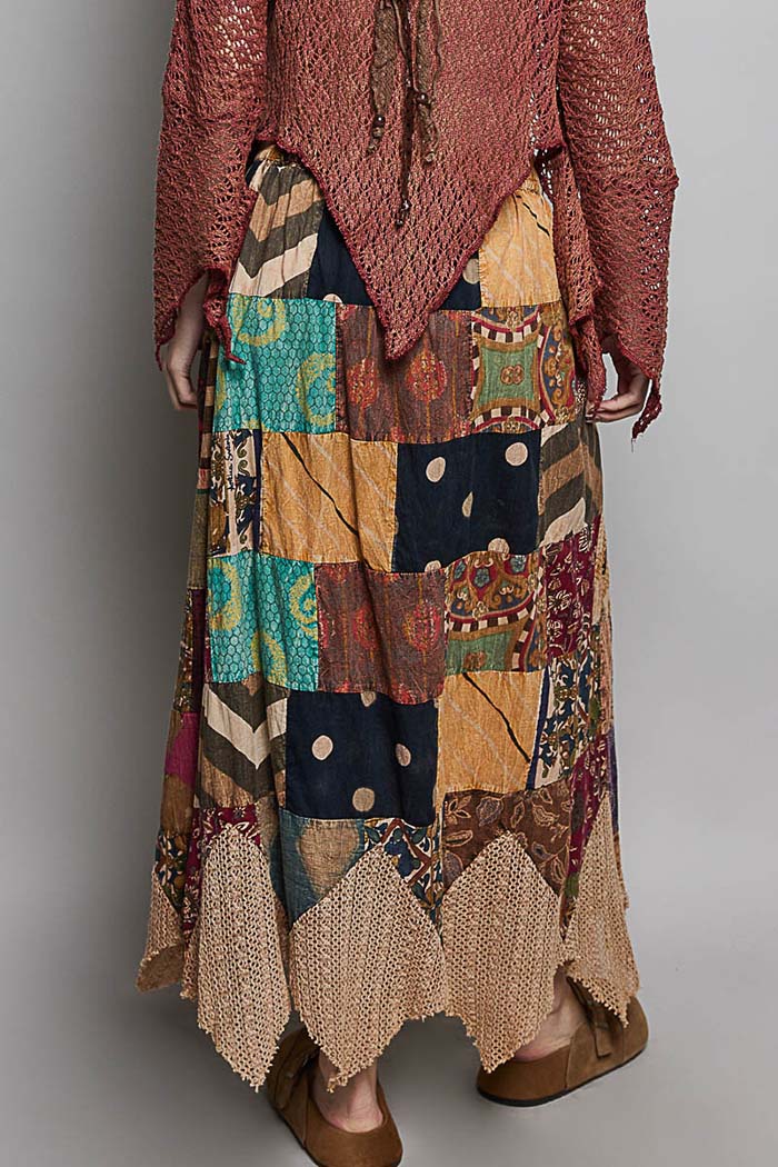 Patchwork Elastic Waist Maxi Skirt