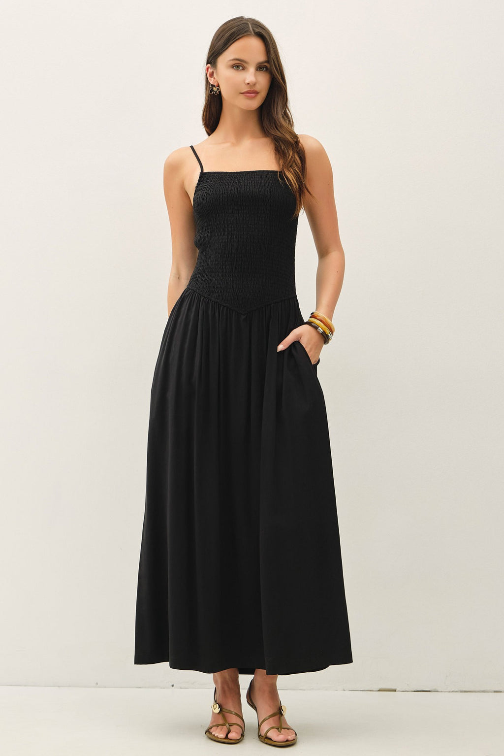 Smocked Bodice Dropped Waist Maxi Dress