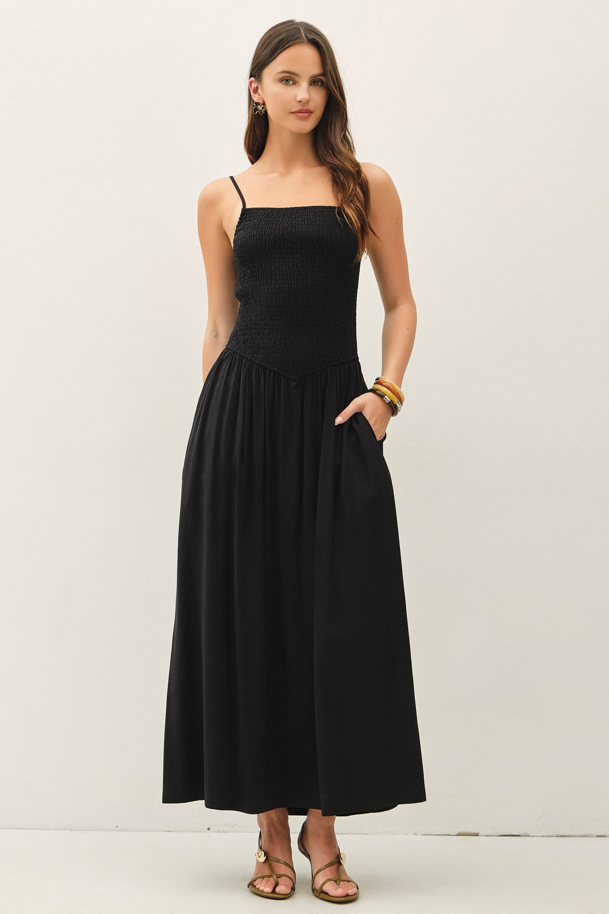 Smocked Bodice Dropped Waist Maxi Dress