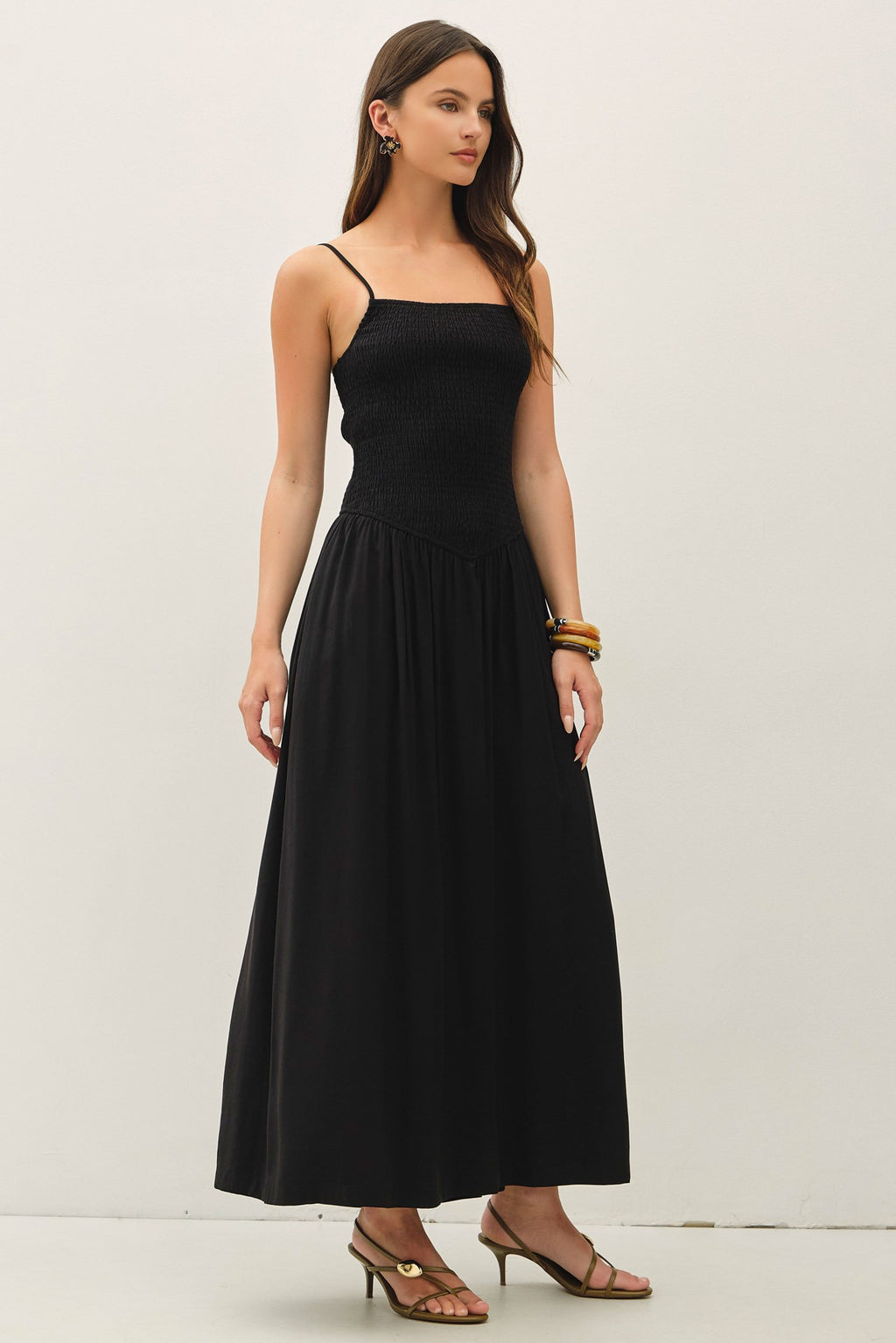 Smocked Bodice Dropped Waist Maxi Dress