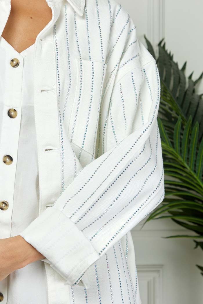 Rhinestone Stripe Denim Shacket