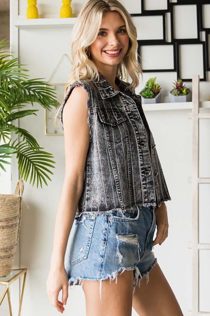 Rhinestone Stripe Denim Vest