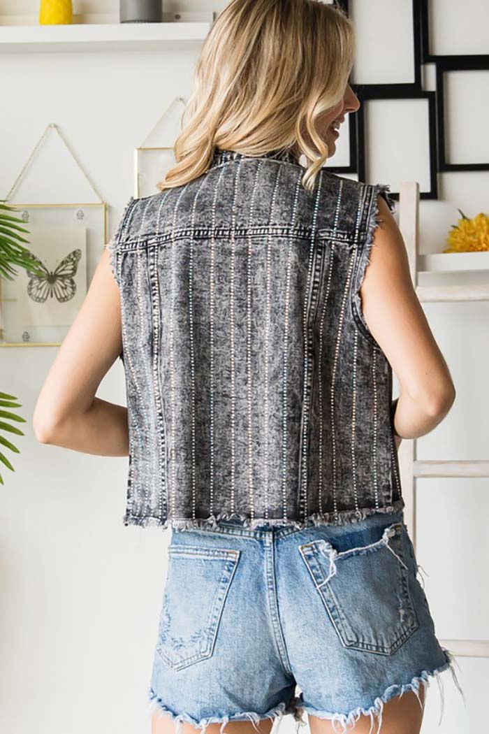 Rhinestone Stripe Denim Vest