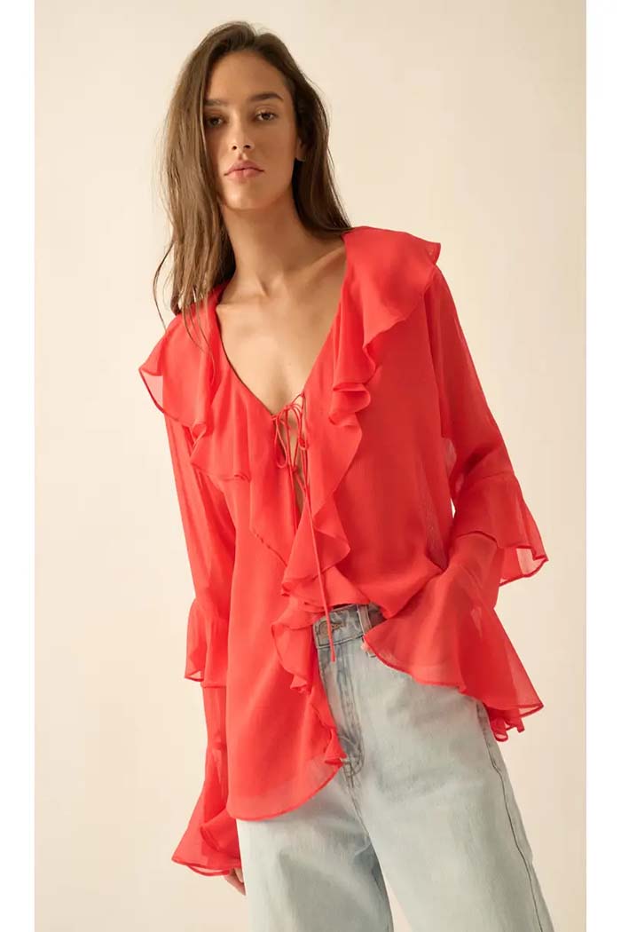 Coral Ruffle Poet Blouse
