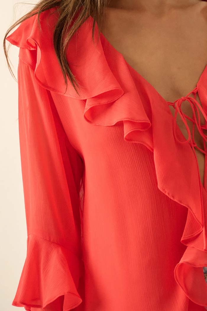 Coral Ruffle Poet Blouse