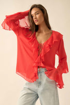 Coral Ruffle Poet Blouse