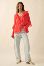 Coral Ruffle Poet Blouse