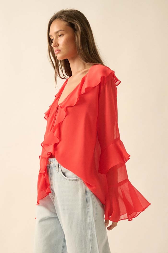 Coral Ruffle Poet Blouse
