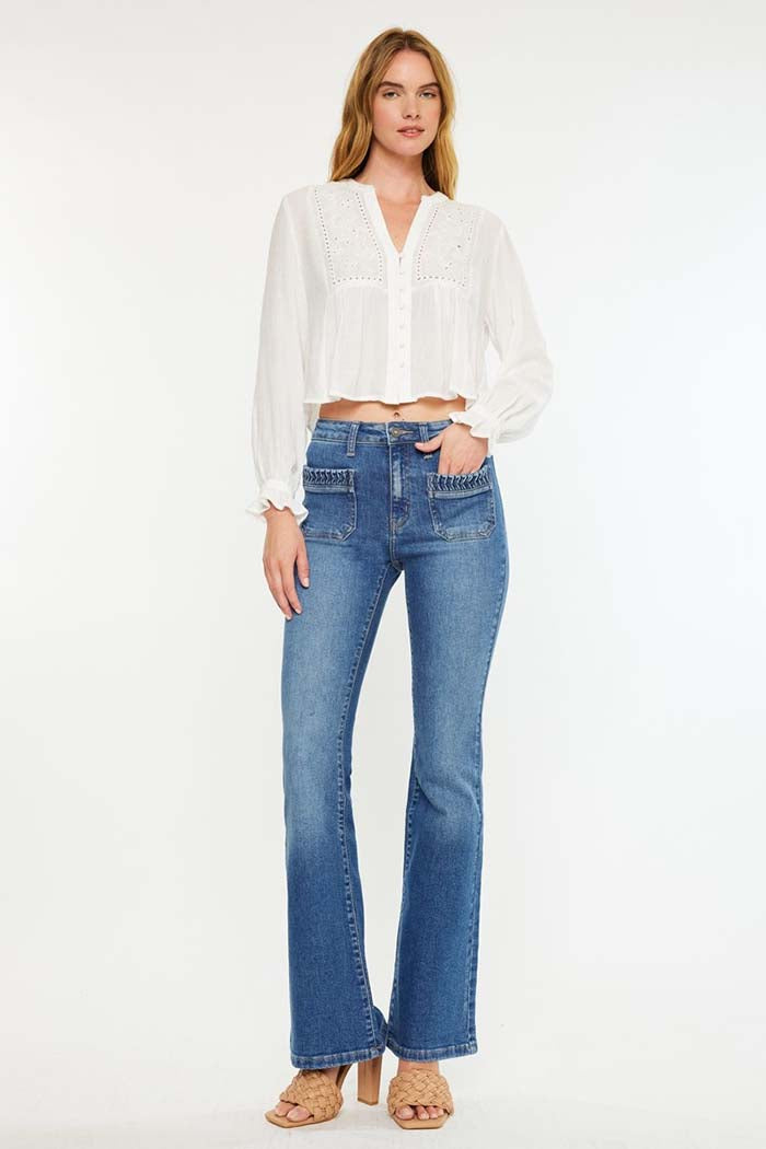 Braided Pocket High Rise Flare Jeans