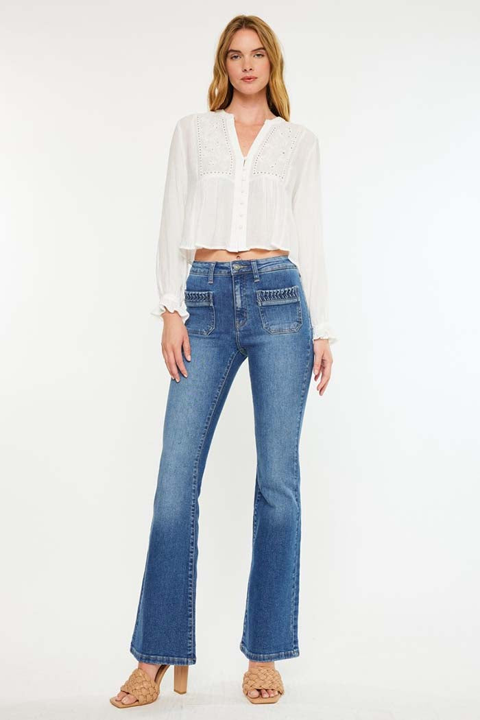 Braided Pocket High Rise Flare Jeans
