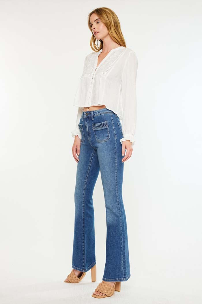 Braided Pocket High Rise Flare Jeans