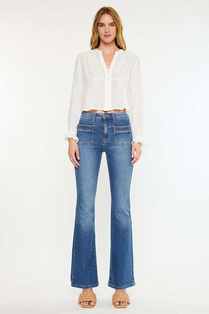 Braided Pocket High Rise Flare Jeans