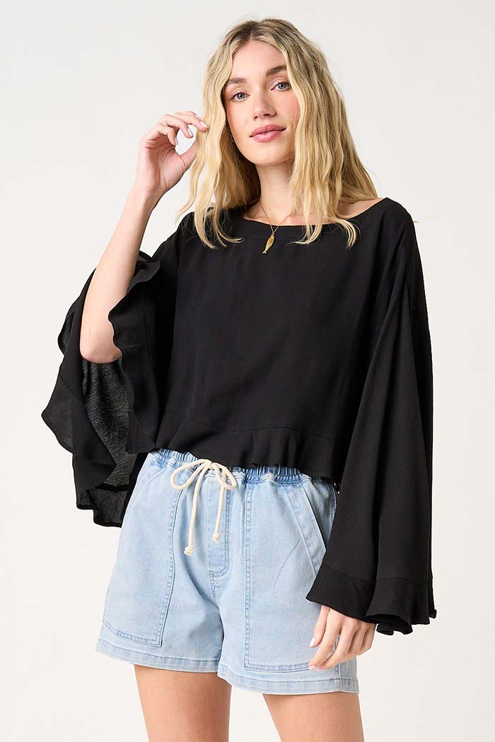 Boat Neck Ruffle Hem Top