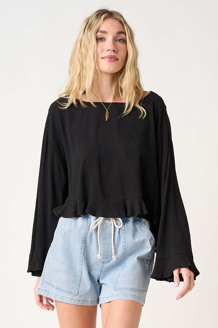 Boat Neck Ruffle Hem Top