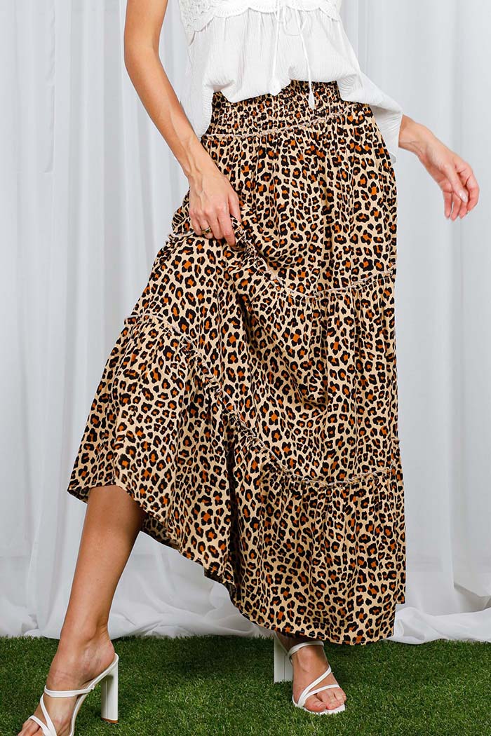 Leopard Printed Boho Tiered Maxi Skirt