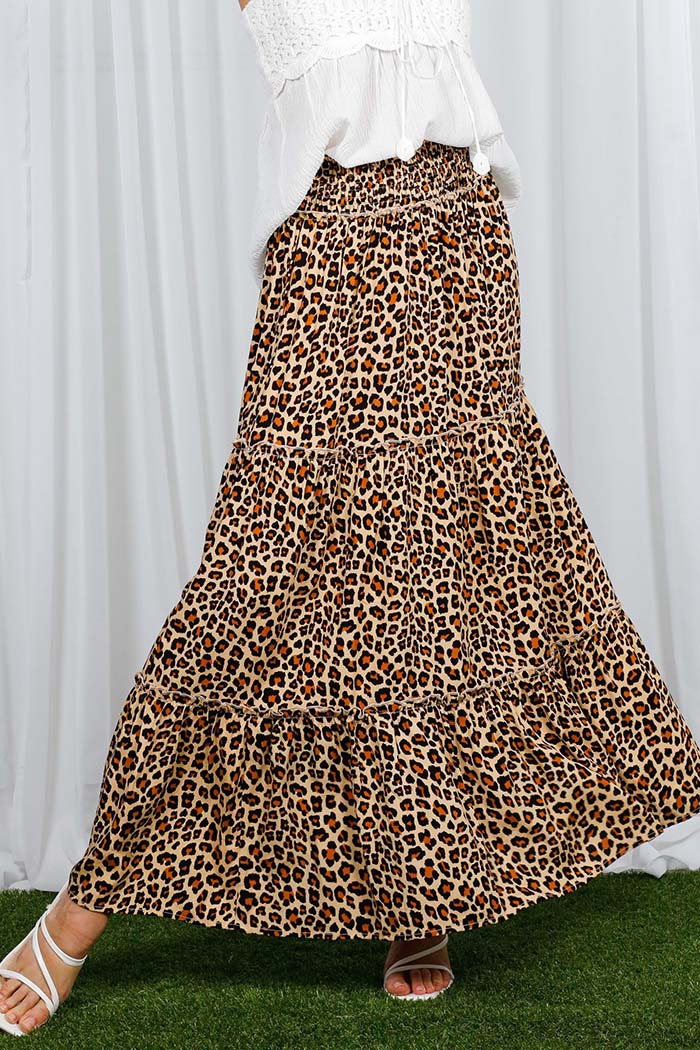 Leopard Printed Boho Tiered Maxi Skirt