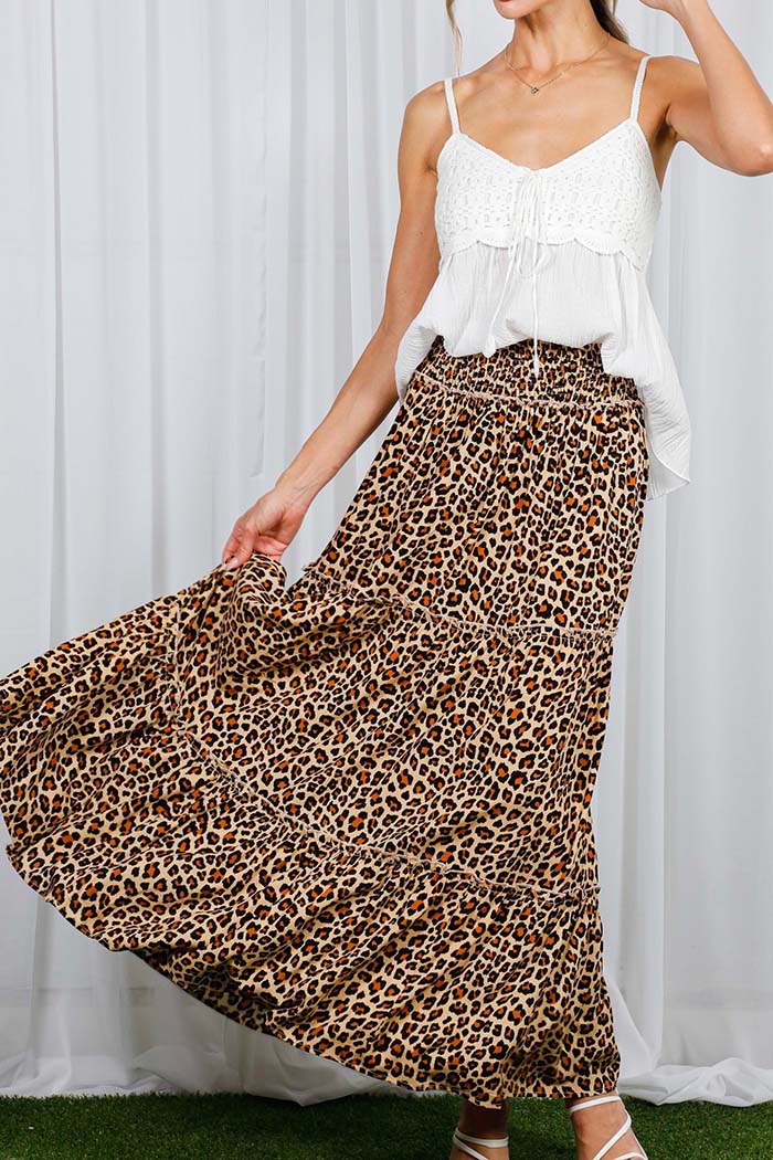 Leopard Printed Boho Tiered Maxi Skirt