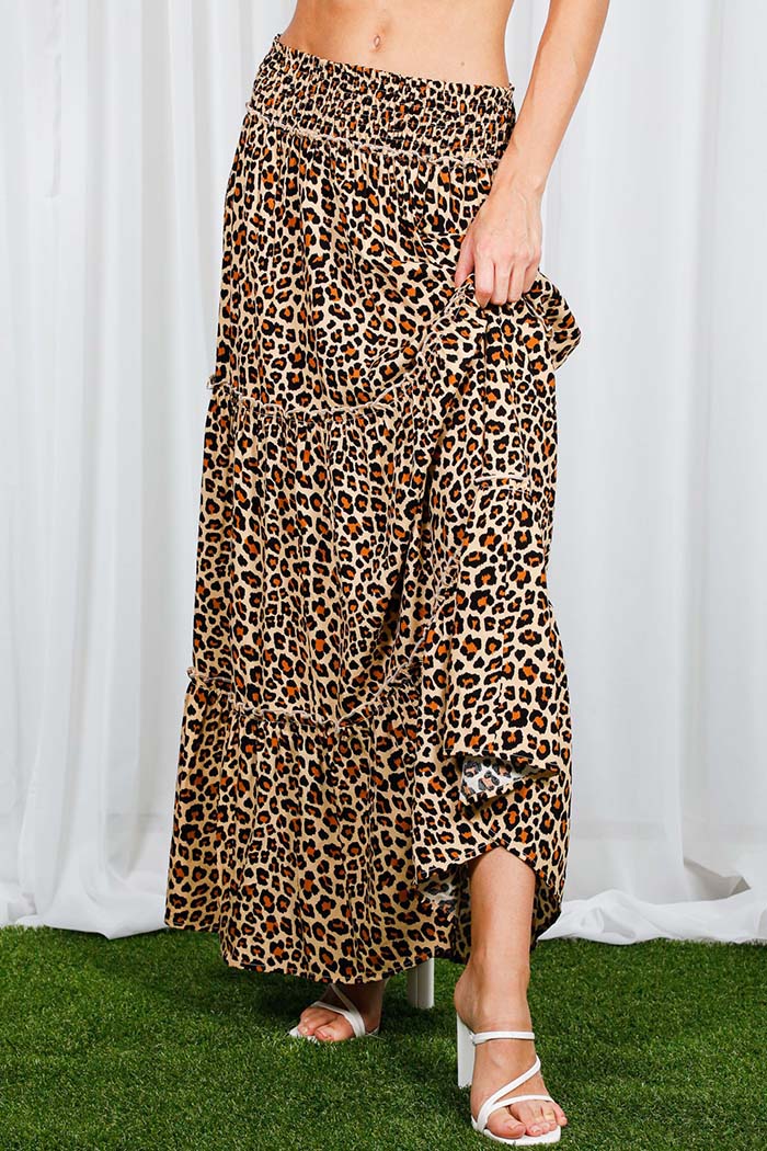 Leopard Printed Boho Tiered Maxi Skirt