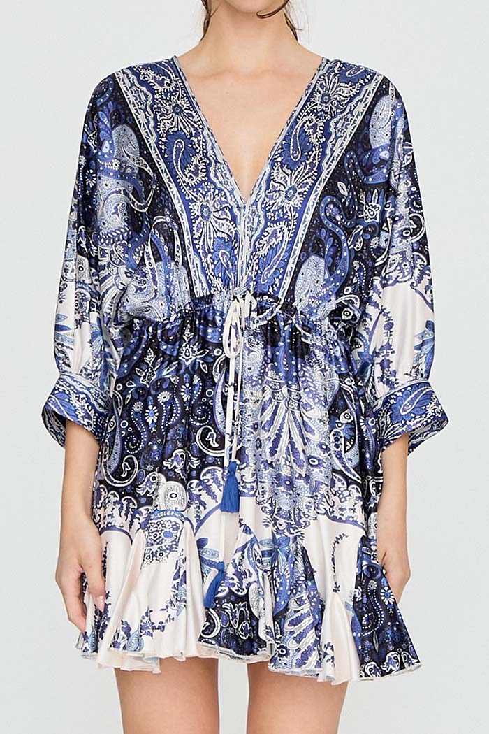 Paisley Print Tie Waist Mini Dress
