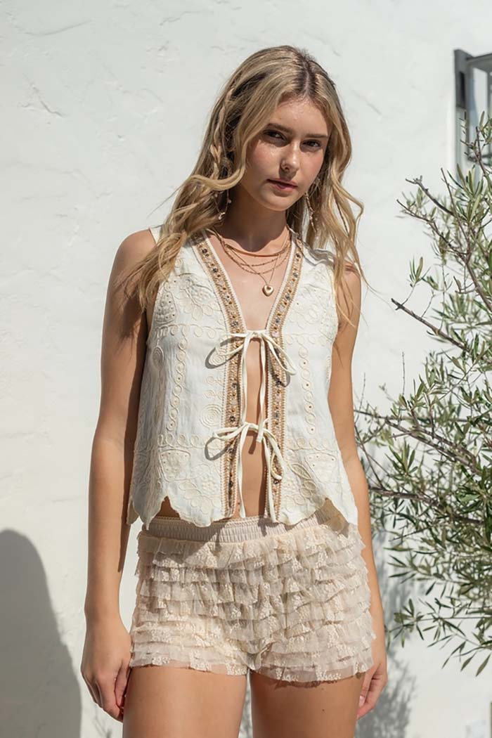 Embroidered Front-Tie Vest