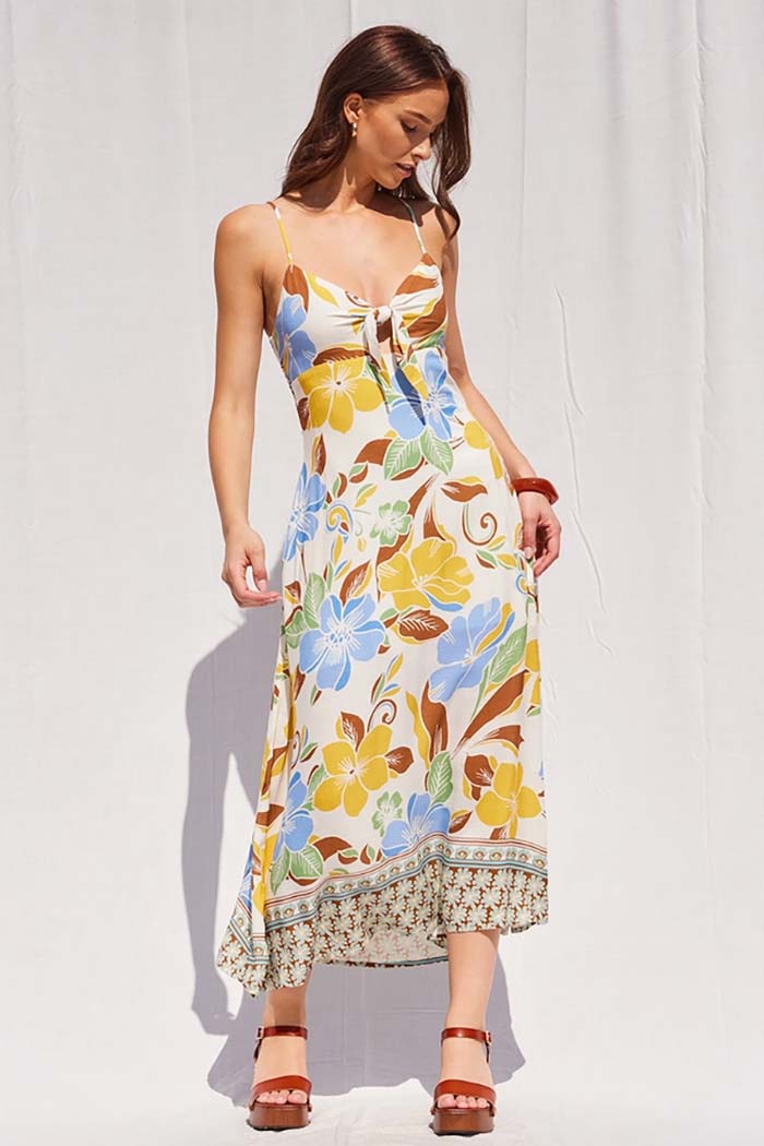 Border Print Floral Midi Dress