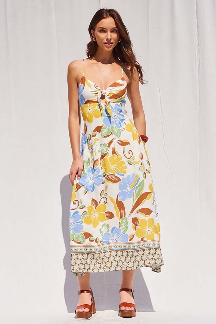 Border Print Floral Midi Dress