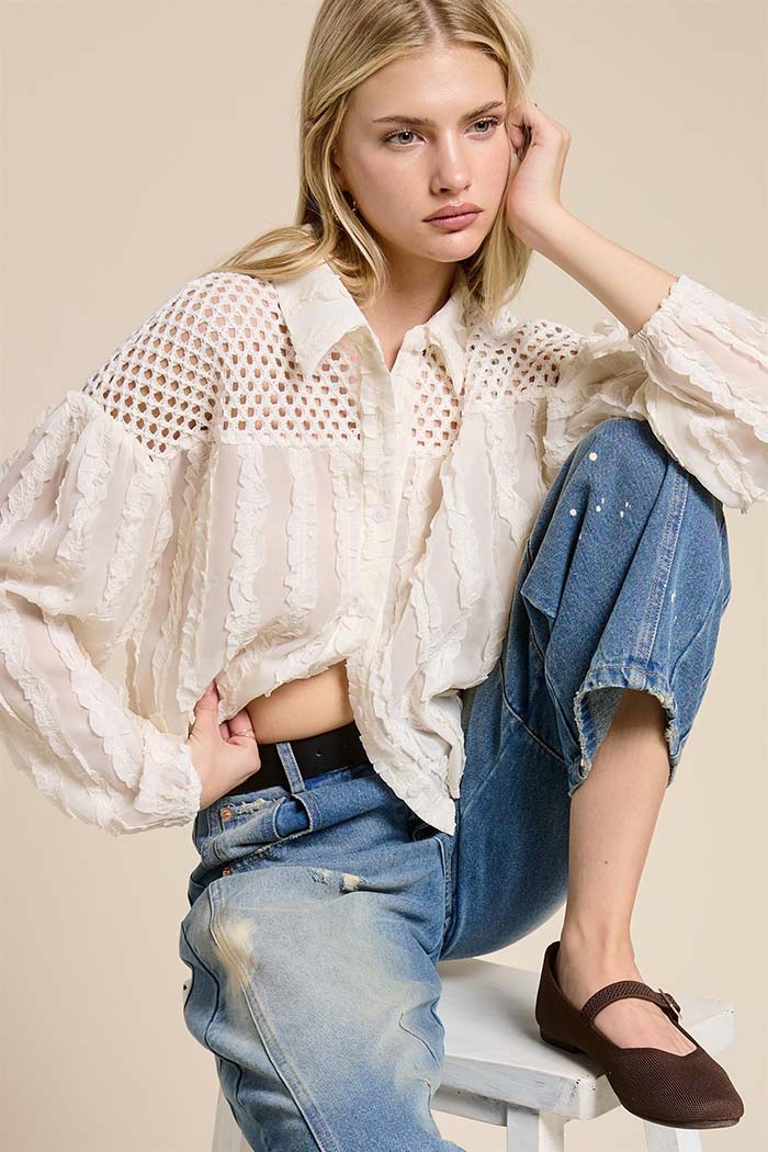 Sheer Lace Button-Down Shirt
