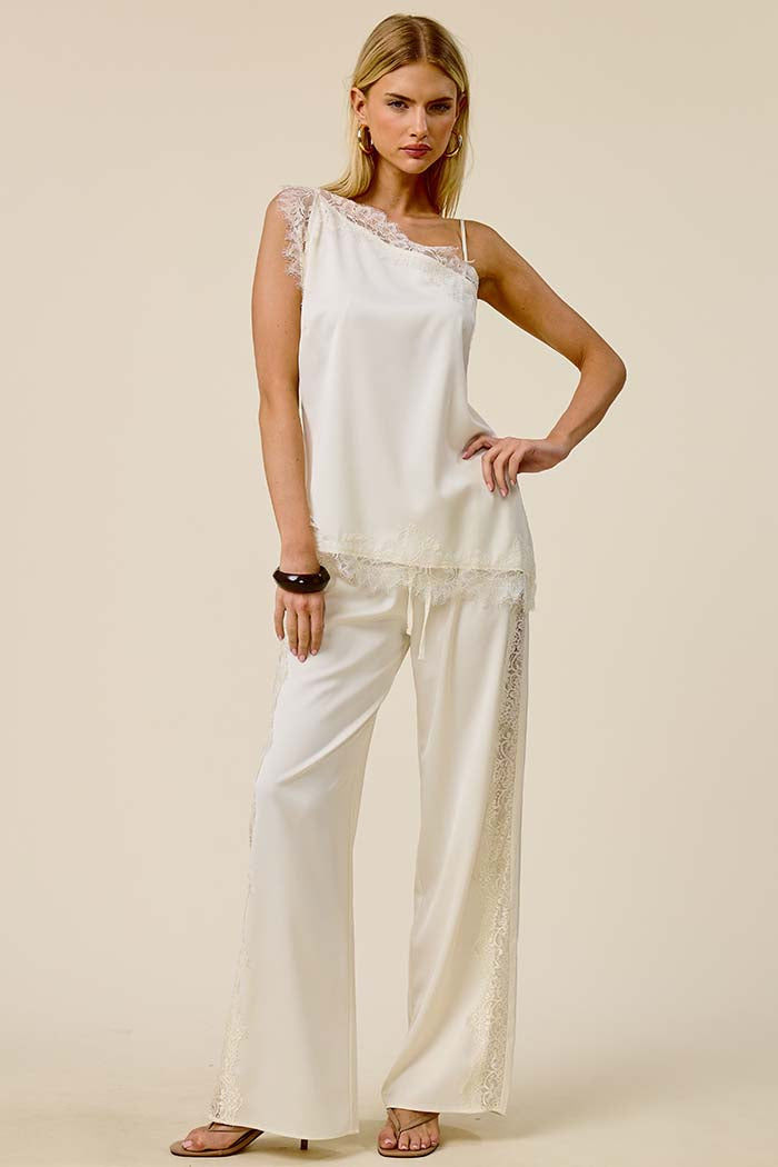 Lace Side Panel Satin Pants