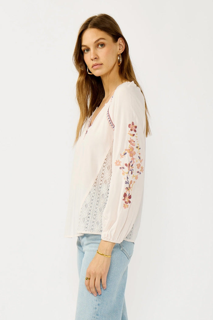 Floral Lace Inset Peasant Blouse