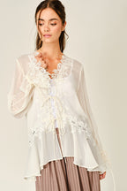 Sheer Lace Ruffle Tie-Front Blouse