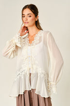 Sheer Lace Ruffle Tie-Front Blouse