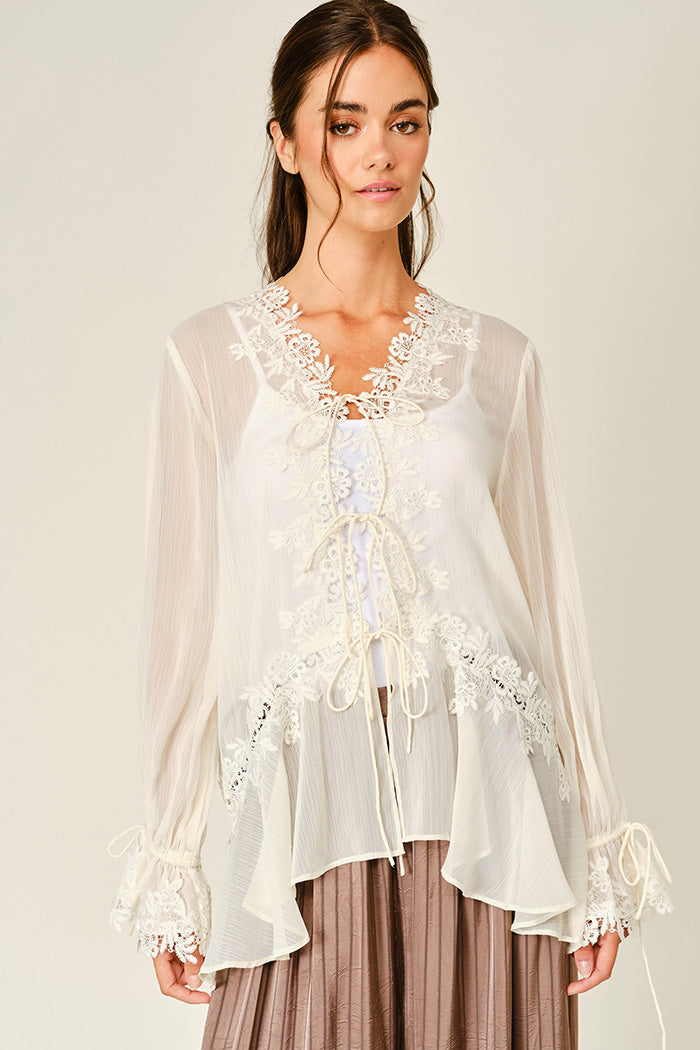 Sheer Lace Ruffle Tie-Front Blouse