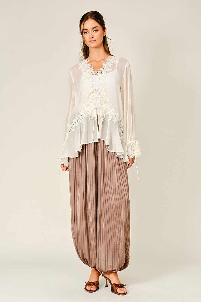 Sheer Lace Ruffle Tie-Front Blouse