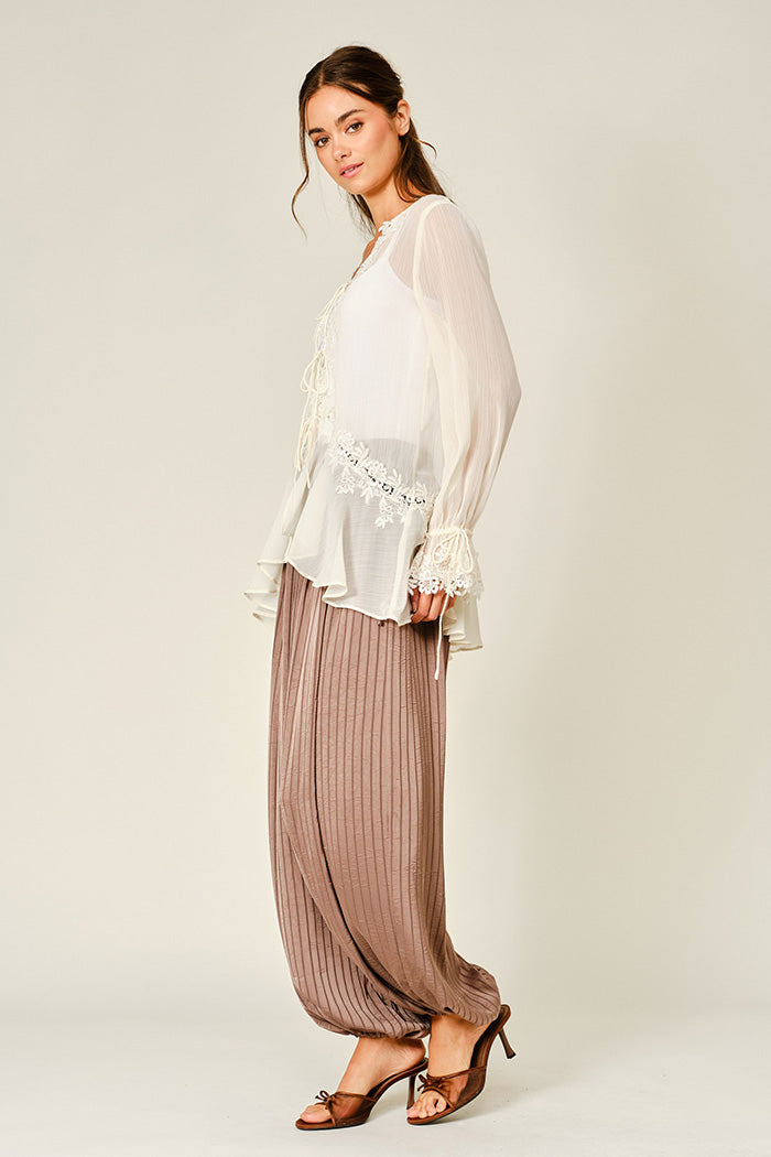 Sheer Lace Ruffle Tie-Front Blouse
