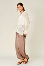 Sheer Lace Ruffle Tie-Front Blouse