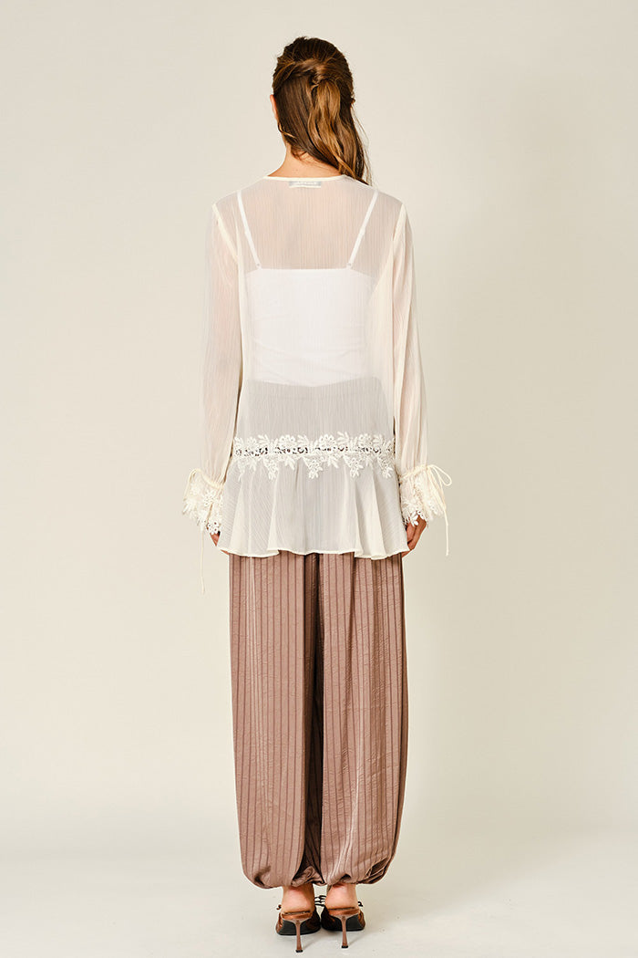 Sheer Lace Ruffle Tie-Front Blouse