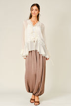 Sheer Lace Ruffle Tie-Front Blouse