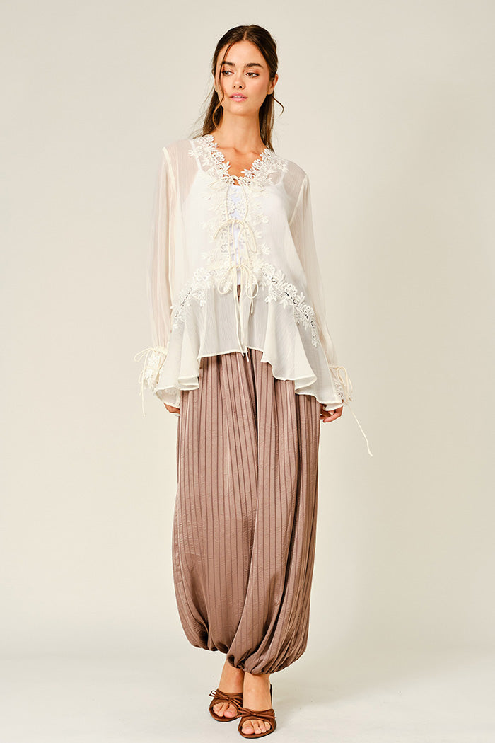 Sheer Lace Ruffle Tie-Front Blouse