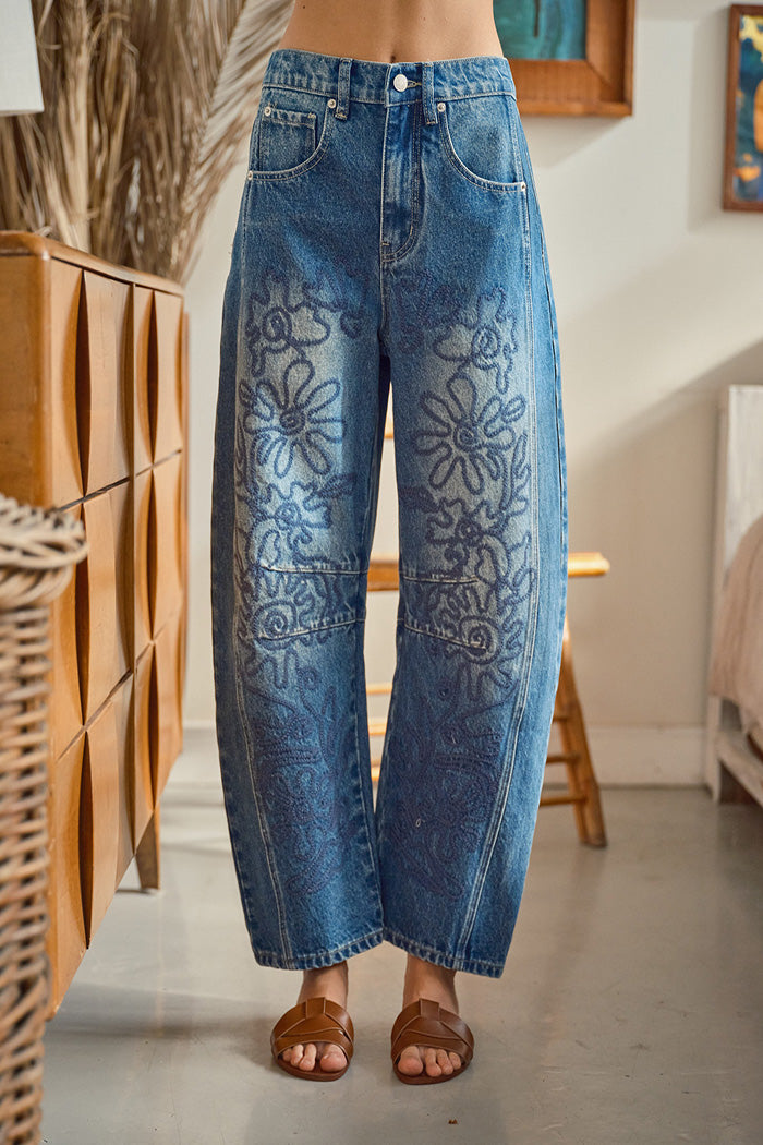 Embroidered Floral Barrel Jeans