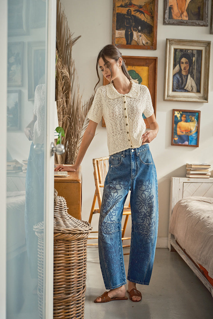 Embroidered Floral Barrel Jeans