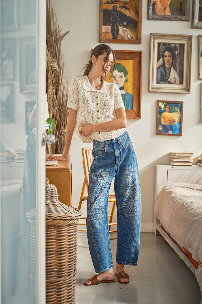 Embroidered Floral Barrel Jeans