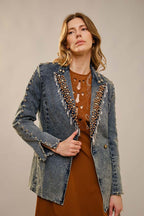 Rhinestone Fringe Studded Denim Blazer
