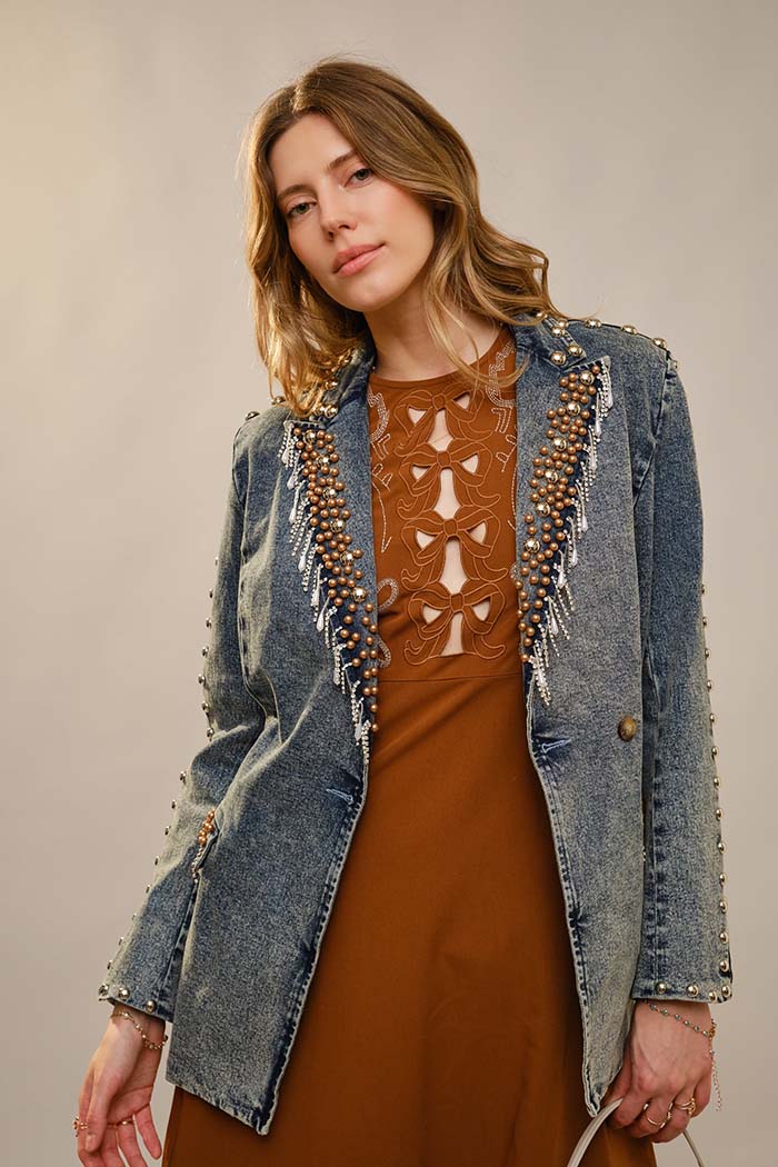 Rhinestone Fringe Studded Denim Blazer