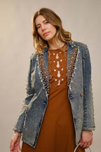 Rhinestone Fringe Studded Denim Blazer