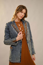 Rhinestone Fringe Studded Denim Blazer